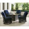 Orleans 5-Piece Steel Patio Fire Pit Conversation Set with Navy Blue Cushions, Swivel Gliders and Square Fire Pit Table