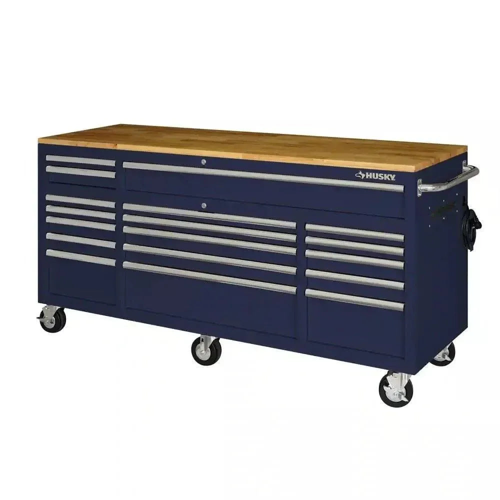 02aa922d009a39dab6aee55ad37fd638df3782969ab6f58e7d078b3e78a9d5dd Husky 72 in. 18-Drawer Mobile Workbench with Solid Wood Top in Gloss Blue