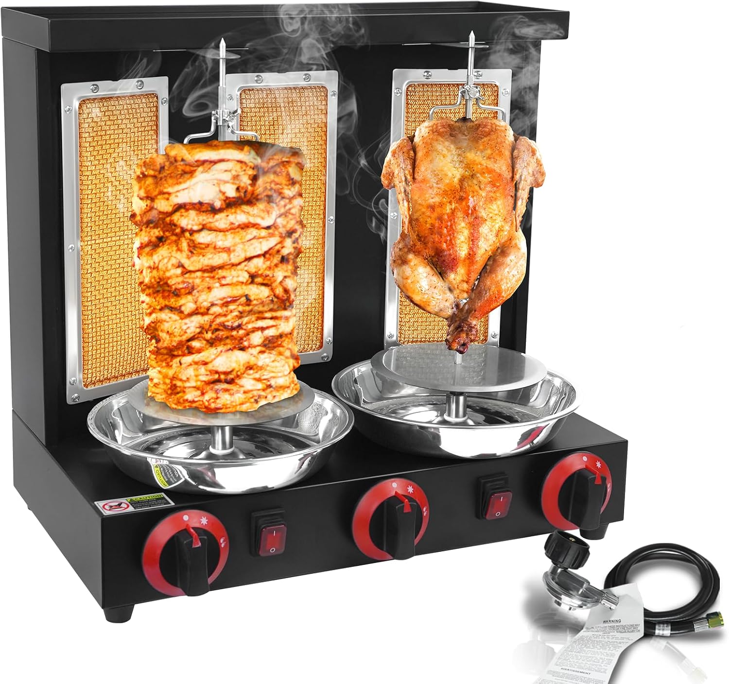 03b75f0ce44b9631a44684cdca1a27e0f2b6ae0a37d7210d30ca1edebcb84494 Barbecue grill, liquefied gas vertical chicken grilling rack, three-fire-mouth rotating skewer machine, hot dog machine