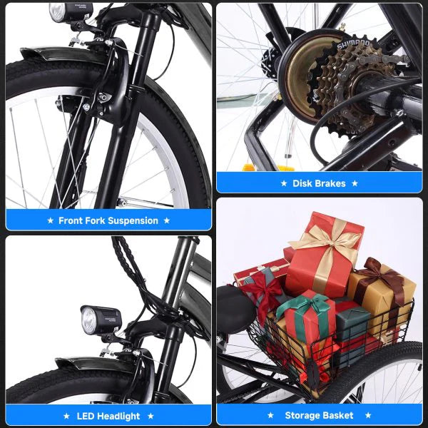 26 Inch Adult 3 Wheel Electric Tricycle with Basket, Fat Tires,7 Speeds,350W Powerful Motor, 36V 10Ah Removable Battery Dark Gray