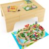 The dual-function wooden children's activity table with storage function, featuring 100 colorful components, tracks, trains, and cars, is a...