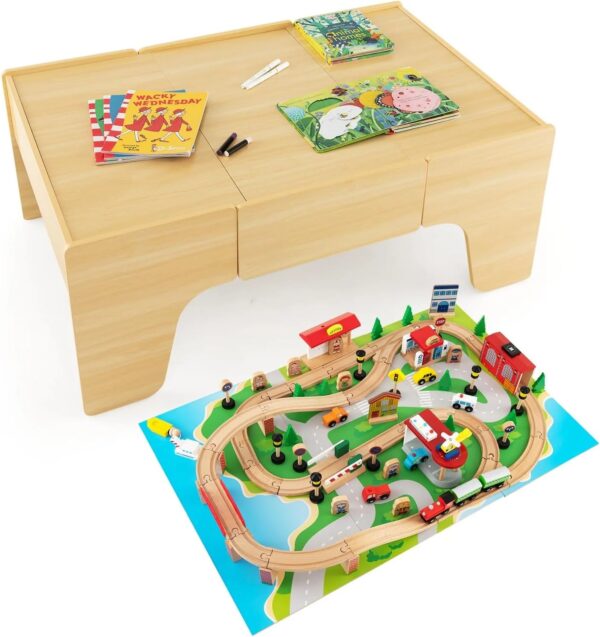 The dual-function wooden children's activity table with storage function, featuring 100 colorful components, tracks, trains, and cars, is a...
