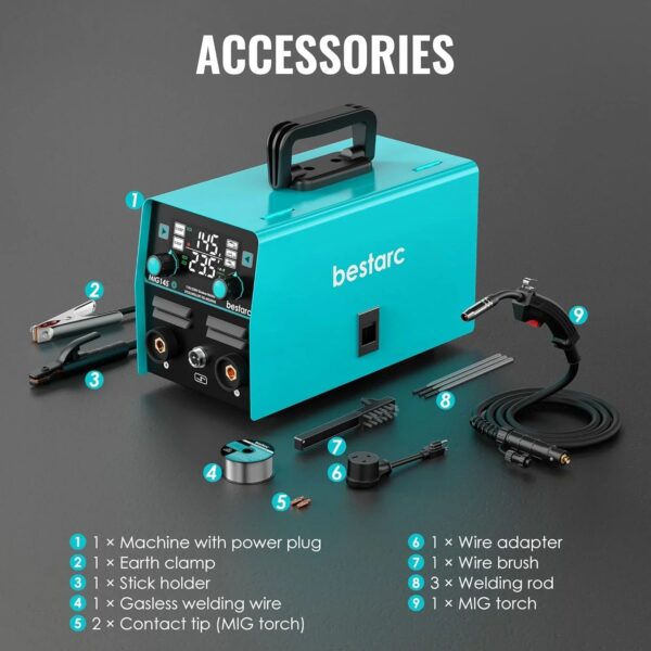 145A MIG Welder, 110V/220V Dual Voltage Gas/Gasless Flux Core MIG Welder/Lift TIG/Stick 3 in 1 Synergic MIG145 9GEN Welding Machine, Flux/Solid...