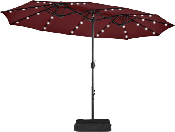 15 ft Large Patio Umbrella with Solar Lights Double-Sided Outdoor Rectangle Market Umbrellas with 36 LED Lights/Base Included/Easy Crank for Patio...