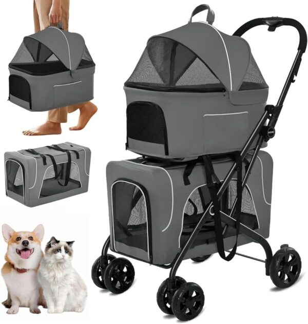 Double Dog Stroller for 2 Dogs, Detachable Carriers, Safety Belt, Lockable Wheels, Pet Travel Carrier Strolling Cart, Folding Cat Stroller for...