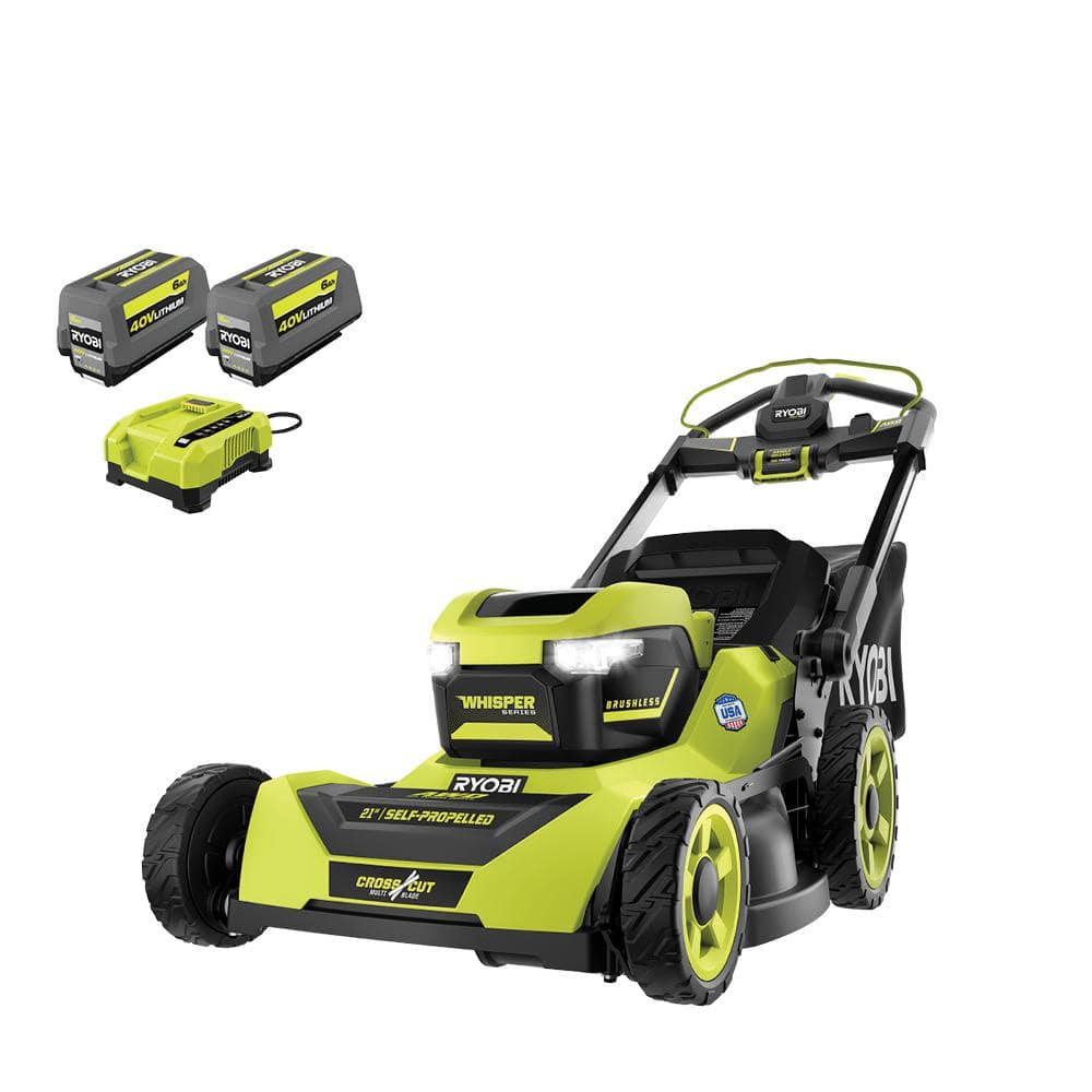 08df3d7e84240a135ee58ccc9e0568880120944ab9a60f60f42435d955867253 Ryobi 40V HP Brushless 21-in Self-Propelled AWD Lawn Mower Whisper Series Includes (2) 6.0Ah Batteries and Charger