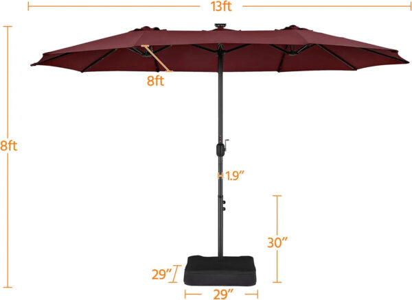 15 ft Large Patio Umbrella with Solar Lights Double-Sided Outdoor Rectangle Market Umbrellas with 36 LED Lights/Base Included/Easy Crank for Patio...