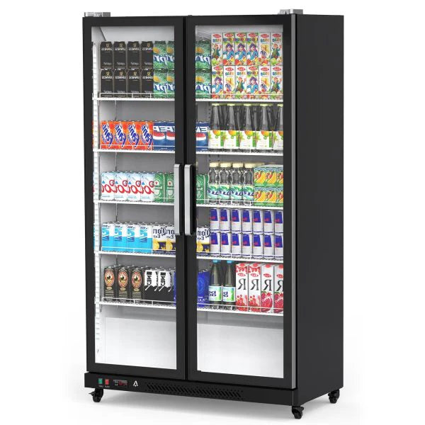 Commercial Refrigerator, Glass Door with LED Lighting Upright Beverage Display Cooler for Home, Store, Gym, or Office, Featuring Double Swing...