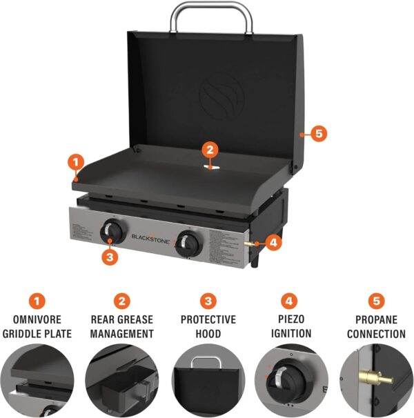 Blackstone 1666 22 Tabletop Griddle with Stainless Steel Faceplate, Powder Coated Steel, Black