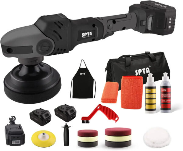 18V Cordless Car Polisher, 15mm Orbit 2000-4800 OPM Portable Buffer Polisher with 7 Variable Speed 2Pcs 4.0Ah Battery, 6 Sponge Pads,2 Wool Pad,...