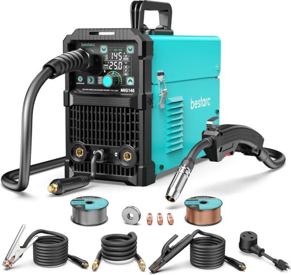 145A MIG Welder, 110V/220V Dual Voltage Gas/Gasless Flux Core MIG Welder/Lift TIG/Stick 3 in 1 Synergic MIG145 9GEN Welding Machine, Flux/Solid...