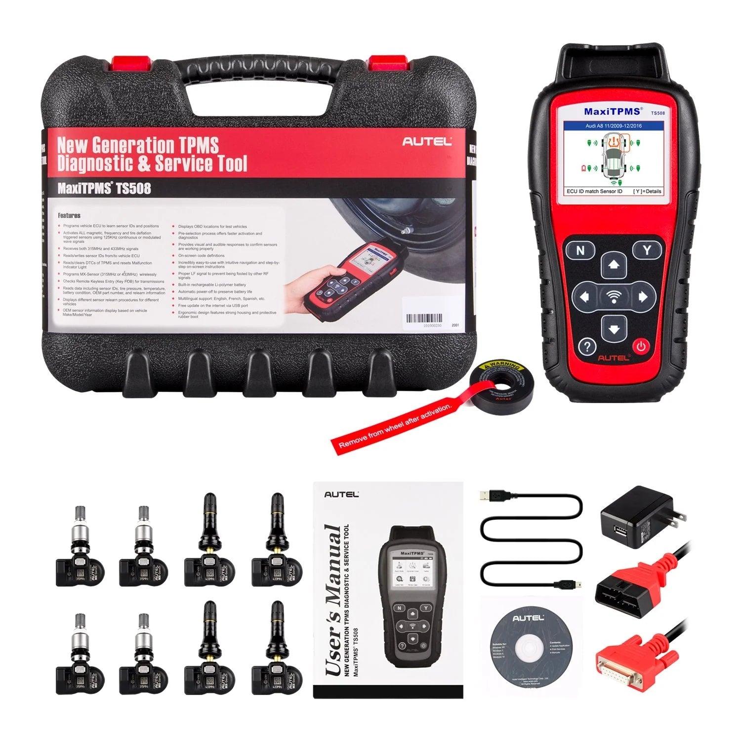 11523face4caf477447e6af18c27709628b03d39ae4cb09ea837f1aa599c469e Autel MaxiTPMS TS508K TPMS Diagnostic Service Tool, Interchangeable valves with With 4 Pcs 315MHz MX Sensor & 4 Pcs 433MHz MX Sensor