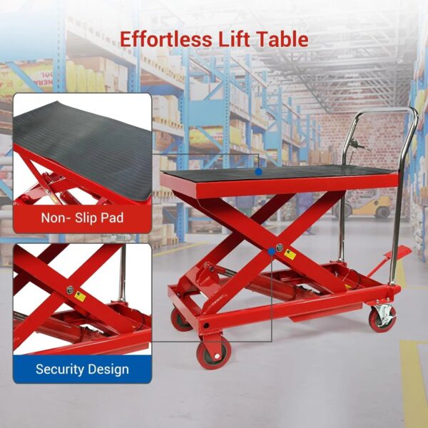 660LBS Hydraulic Lift Table Cart 31" Lift Height, Double Scissor Design with 4 Wheels & Non-Slip Pad for Material Handling