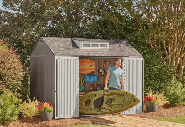 Rubbermaid Resin Outdoor Storage Shed With Floor (7 x 7 Ft) Weather Resistant Gray Organization for Home/Backyard/Garden Tools/Lawn Mower/Bike...