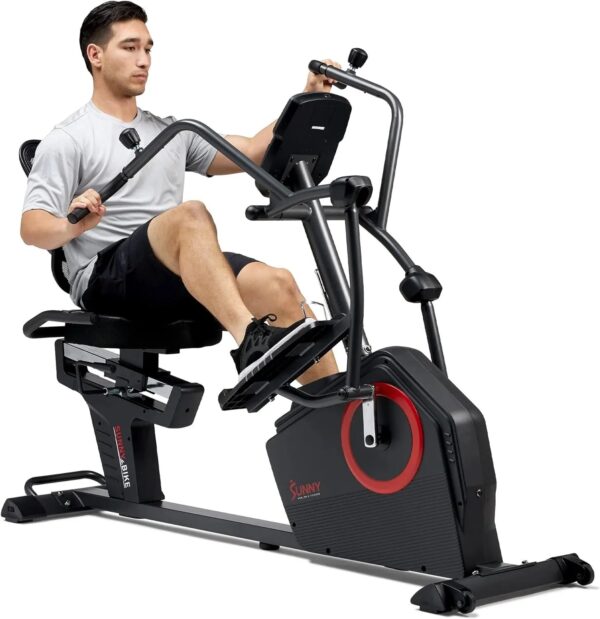 Sunny Health & Fitness Electromagnetic Recumbent Cross Trainer Exercise Elliptical Bike w/Arm Exercisers, Easy Access Seat & Exclusive SunnyFit...