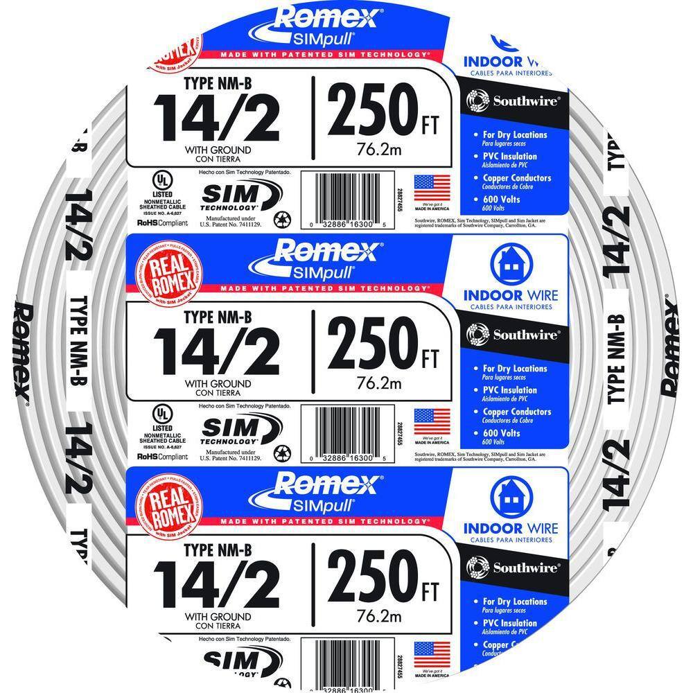 14113f96a28b4511a3329bfdb145a9d6be4566dd306af496c098acfb820b2435 Southwire 250 ft. 142 Solid Romex SIMpull CU NM-B WG Wire 28827455