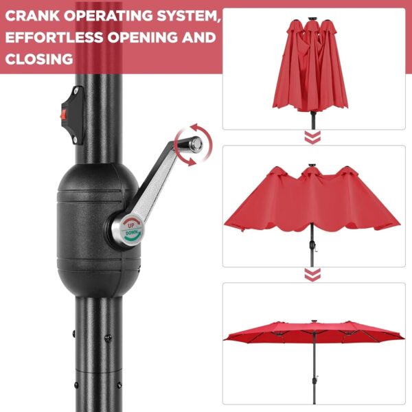15 ft Large Patio Umbrella with Solar Lights Double-Sided Outdoor Rectangle Market Umbrellas with 36 LED Lights/Base Included/Easy Crank for Patio...