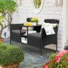 Flamaker Outdoor Furniture Patio Loveseat Wicker 2-Seat with Built-in Table and Cushions Rattan Porch Chairs Bench for Balcony, Lawn, Backyard (Beige)