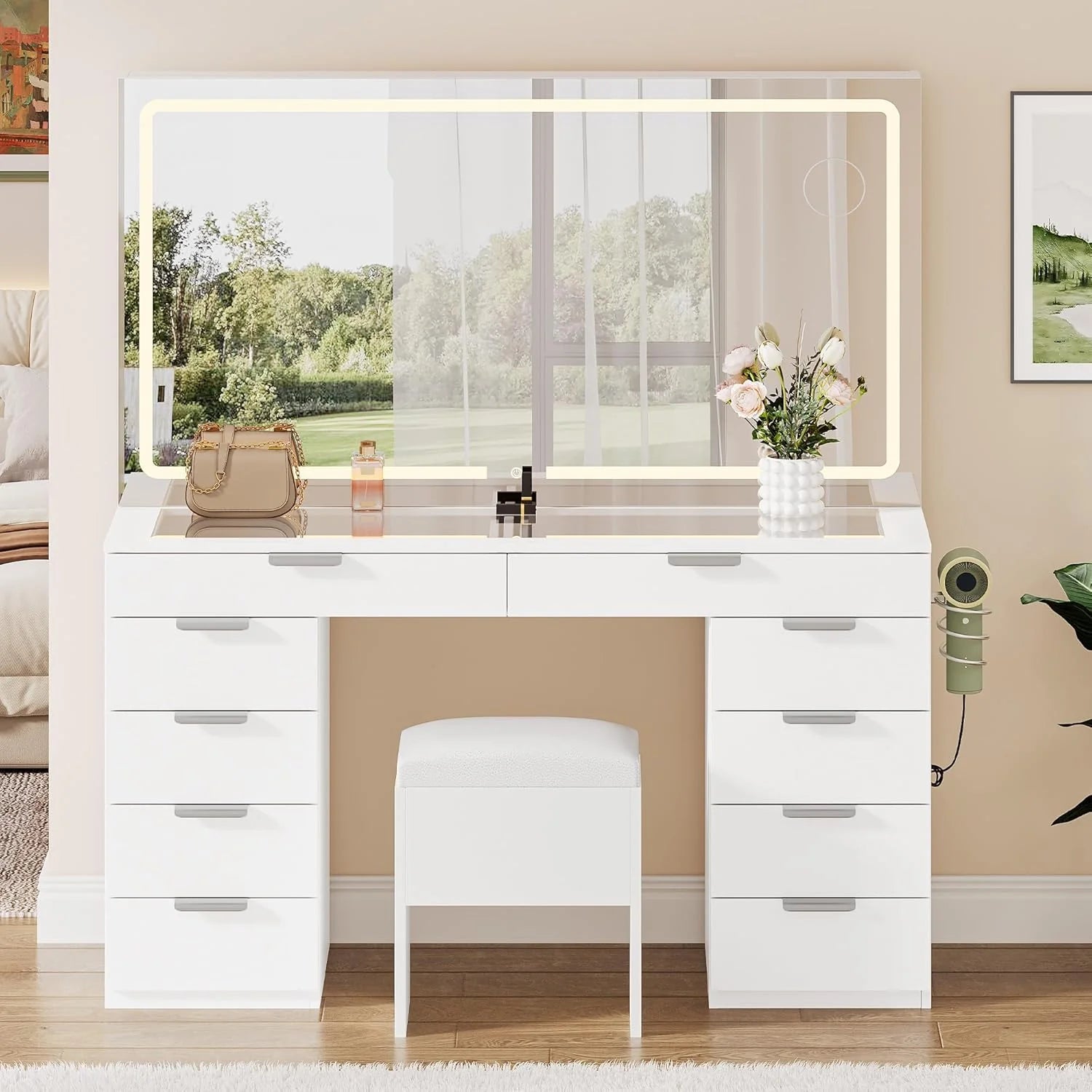 16d118fd5ec8a65aedd63d6c528e3772e6e5705f1371e7f86807759a3d639801 YITAHOME Vanity Set with LED Mirror, 10 Drawers, Stool Included