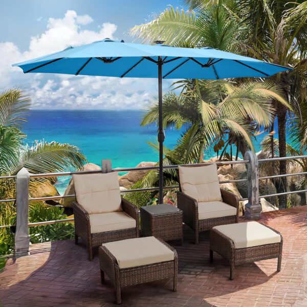 15 ft Large Patio Umbrella with Solar Lights Double-Sided Outdoor Rectangle Market Umbrellas with 36 LED Lights/Base Included/Easy Crank for Patio...