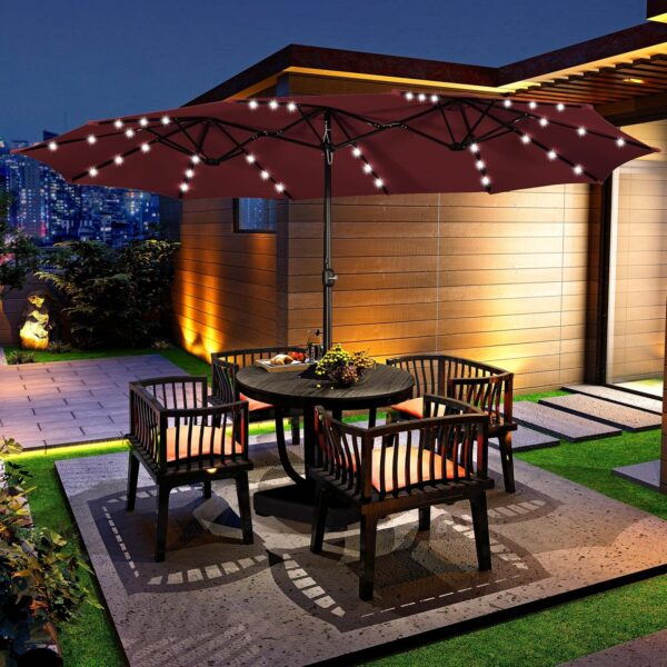 15 ft Large Patio Umbrella with Solar Lights Double-Sided Outdoor Rectangle Market Umbrellas with 36 LED Lights/Base Included/Easy Crank for Patio...