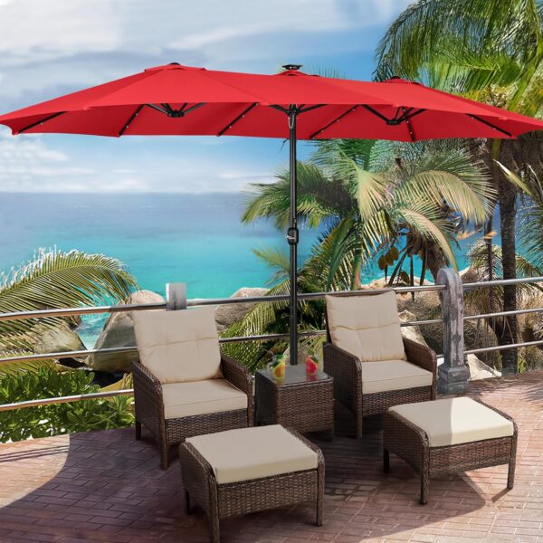 15 ft Large Patio Umbrella with Solar Lights Double-Sided Outdoor Rectangle Market Umbrellas with 36 LED Lights/Base Included/Easy Crank for Patio...