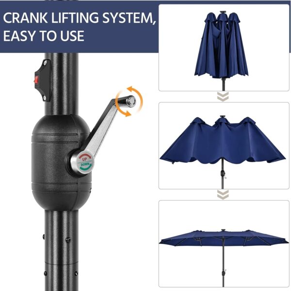 15 ft Large Patio Umbrella with Solar Lights Double-Sided Outdoor Rectangle Market Umbrellas with 36 LED Lights/Base Included/Easy Crank for Patio...
