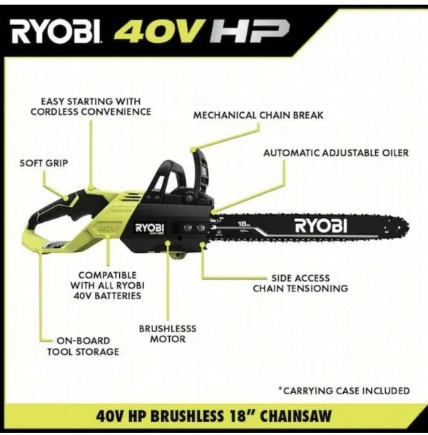 Ryobi 18 40V Cordless Chainsaw Kit with Battery & Charger, Green