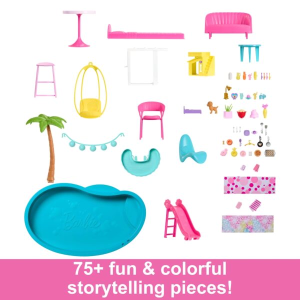 Barbie Dreamhouse Pool Party Playset with 3-Story Slide, 75+ Pieces, and Pet-Friendly Features