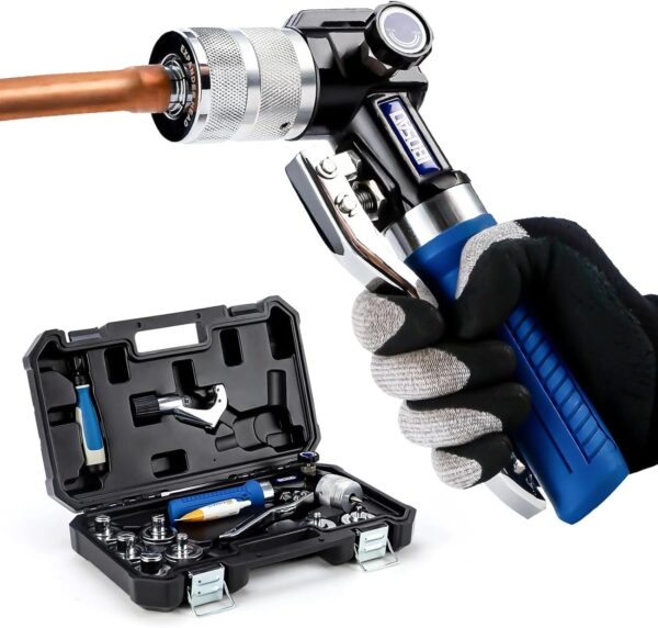 Hydraulic tube expanding tool kit, used to expand 3/8-inch copper tubes to 1-1/8 inches.