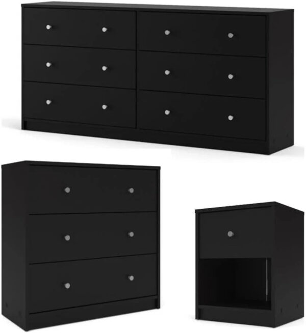 3-Pc Scandinavian Design Engineered Wood Bedroom Furniture Set with 3-Drawer Chest & 6-Drawer Double Dresser & 1-Drawer Nightstand, Pewter Plastic...