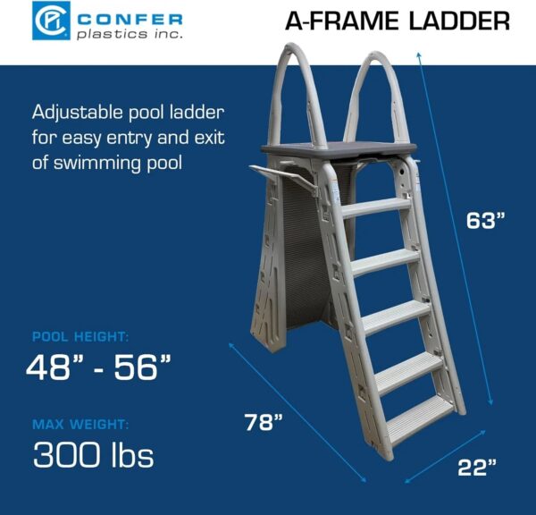 Confer Plastics 7200 Roll Guard 48" to 56" Adjustable A Frame Safety Ladder for Above Ground Outdoor Patio Swimming Pool Platform Ladder with Step...