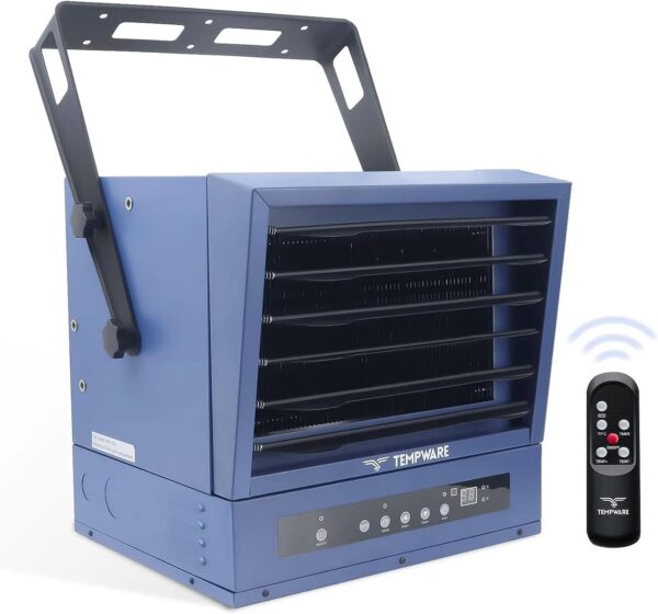 Electric vehicle garage heater, 7500-watt digital display fan-driven ceiling-mounted work area heater, featuring full-function remote control,...