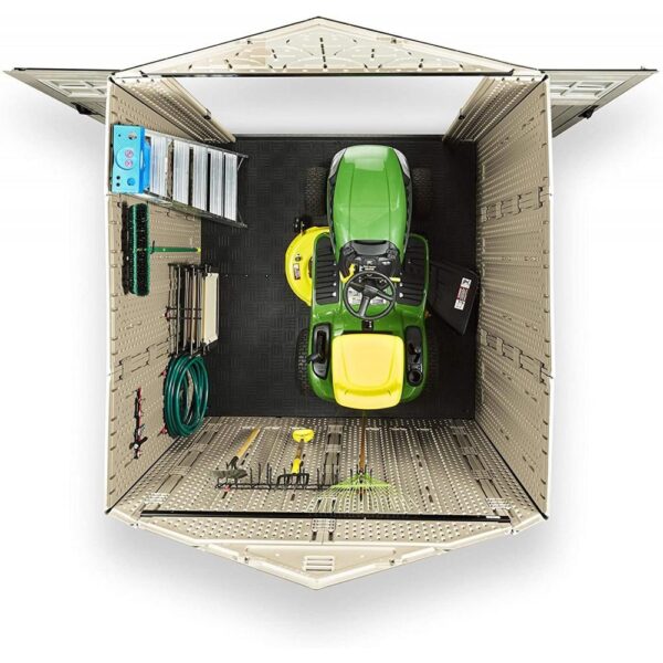 Rubbermaid 7 7 Ft Durable Weather Resistant Resin Outdoor Garden Storage Shed with Windows and Utility Hooks, Sand