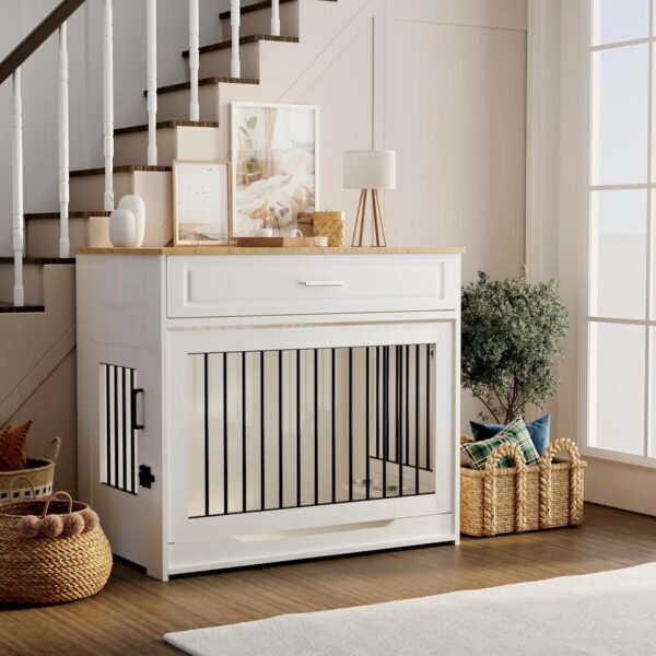 Wooden dog cage furniture, indoor kennel, with flip-up door, 360 rotating dog bowl and storage drawer, suitable for medium to large-sized dogs,...