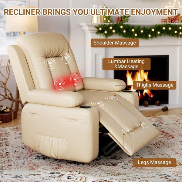 PU Leather Power Lift Recliner Chair With Massage and Heat, Adjustable Furniture for Back, Legs w/ 3 Positions, Usb Port, Side Pocket (Beige, 27...