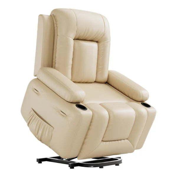 PU Leather Power Lift Recliner Chair With Massage and Heat, Adjustable Furniture for Back, Legs w/ 3 Positions, Usb Port, Side Pocket (Beige, 27...