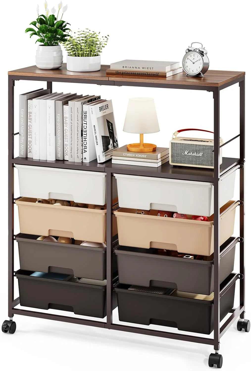 24168d581744effe3c6856493f6b3dd3cd42e7f65b9af9f7e45e66cb7263a7ce-1 8-position drawer roller storage cart, equipped with a wooden top, a multi-functional practical storage cart with open shelves and lockable...