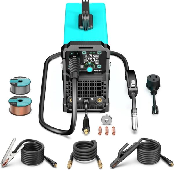 145A MIG Welder, 110V/220V Dual Voltage Gas/Gasless Flux Core MIG Welder/Lift TIG/Stick 3 in 1 Synergic MIG145 9GEN Welding Machine, Flux/Solid...