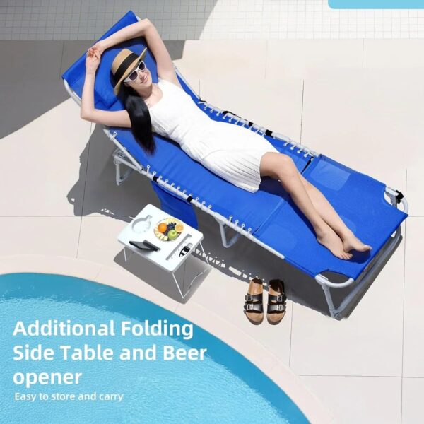 3-in-1 Outdoor Sun Tanning Lounge Chair with Face Hole 5-Position Recliner, Folding Side Table & Removable Pillow, 330lbs Capacity, Blue