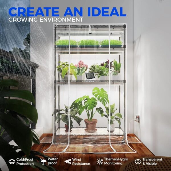 Barrina Mini Greenhouse with LED Grow Light for Indoor Plant, 4-Tier Portable Metal Plant Stand with Wheels, Plant Shelf with Tent, 6Pcs Plant...