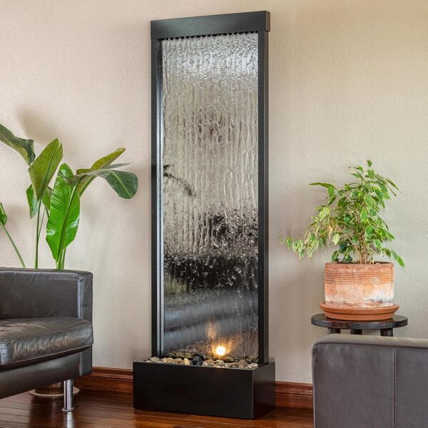 Alpine Mirror Waterfall Fountain with Stones & Lights, 72", Indoor/Outdoor Zen Decor