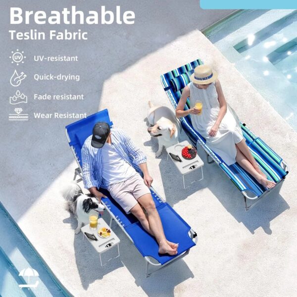3-in-1 Outdoor Sun Tanning Lounge Chair with Face Hole 5-Position Recliner, Folding Side Table & Removable Pillow, 330lbs Capacity, Blue
