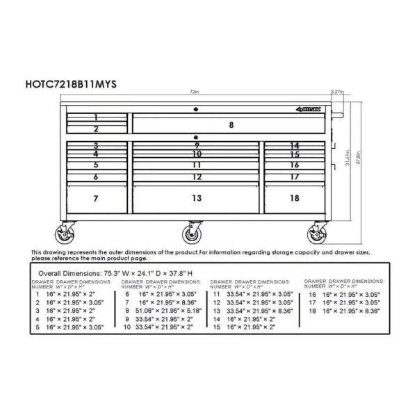 Husky 72 in. 18-Drawer Mobile Workbench with Solid Wood Top in Gloss Blue
