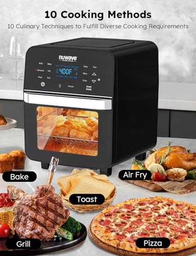 Nuwave Brio Air Fryer Oven, 15.5Qt X Large Family Size, SS Rotisserie Basket &Skewer Kit, Reversible Ultra Non Stick Grill/Griddle Plate, Powerful...