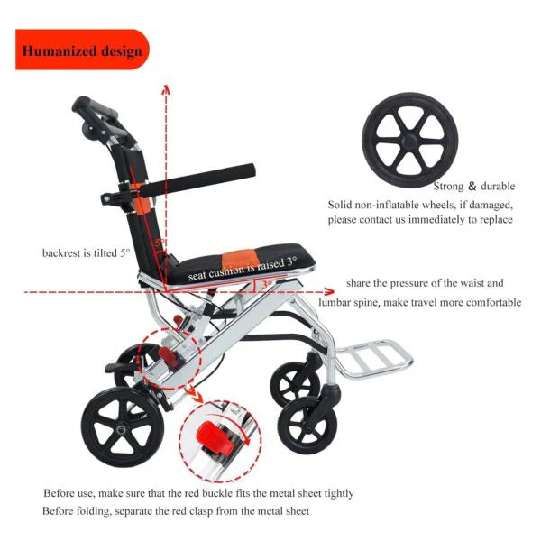 Ultra-Light Portable Folding Wheelchair, Travel-Friendly with Handbrake, 220 lbs Capacity, Ideal for Elderly & Children, 34.2 32.6 Unfolded Dimensions