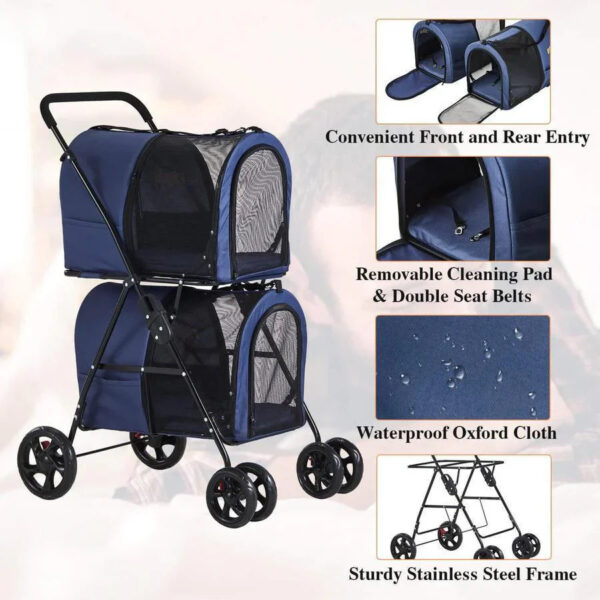 42 Double Pet Stroller for 2 Dogs & Cats,4 Wheels Dog Strollers Folding Travel Cat Stroller with Suspension System,Navy Blue