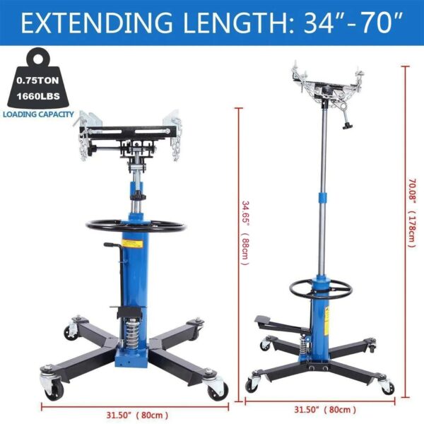 1660 Pounds Hydraulic Car Transmission Jack Vertical Lift with 360 Swivel Wheel Pedal ,Blue,33"-70"(0.75Ton)