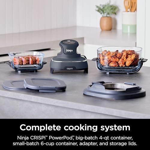 Ninja Crispi 4 in 1 Portable Glass Air Fryer Cooking System, 4QT & 6 Cup Glass Containers with Storage Lids, Easy Meals, Microwave, Freezer &...