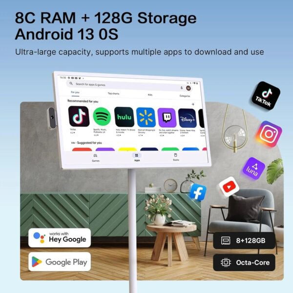 32-Inch Portable TV, 1080P FHD Rolling TV on Wheels with Rotatable Touch Screen, Android 13 OS, 8G RAM+128G Storage, Built-in Battery, Full Swivel...
